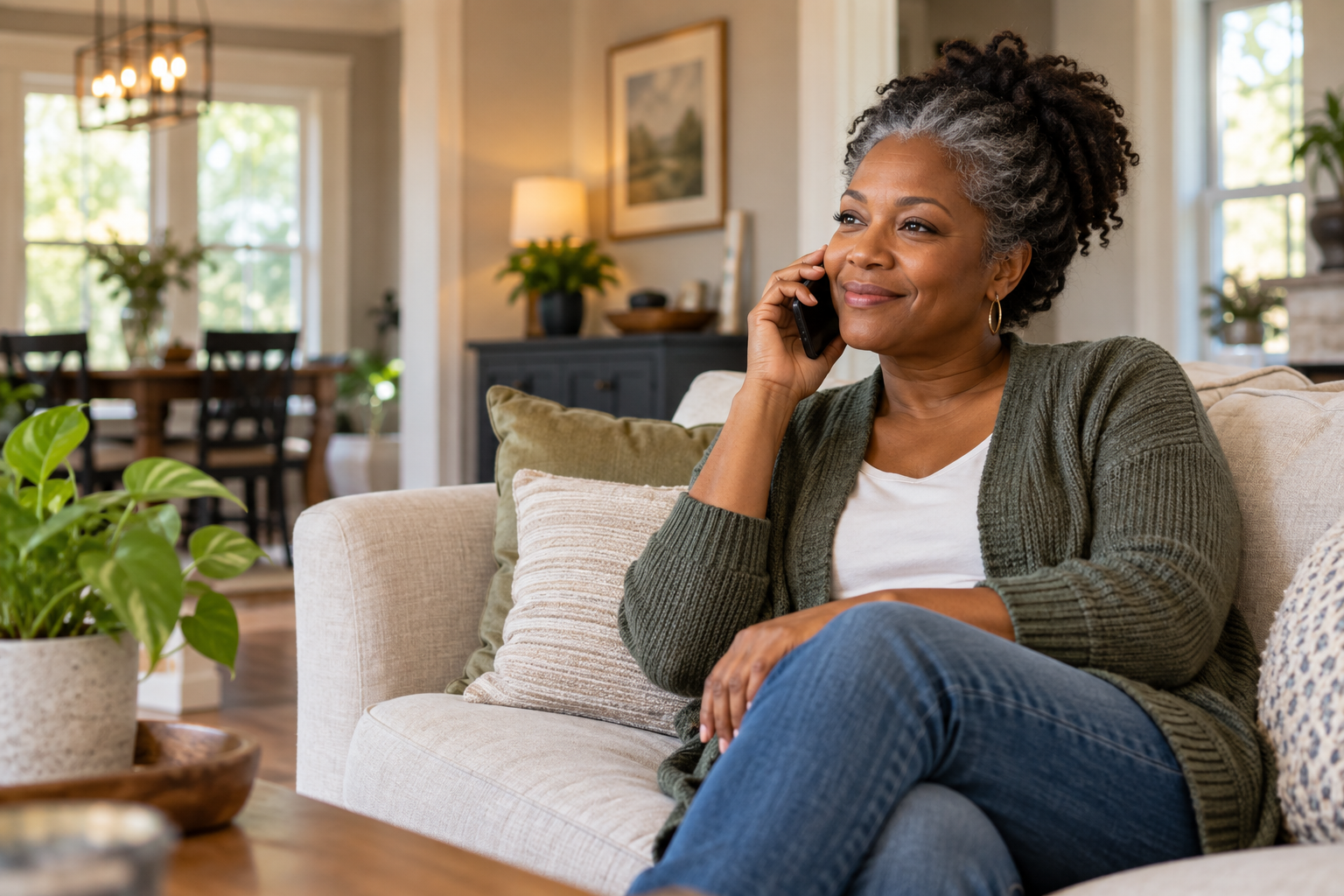 Illustrative image of a homeowner having a reassuring phone conversation at home